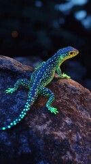 Fototapeta premium A vibrant green spotted lizard perched on a rock