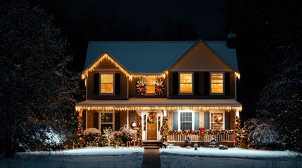A cozy, decorated house shines brightly at night, surrounded by snow and holiday lights, creating a festive winter atmosphere.