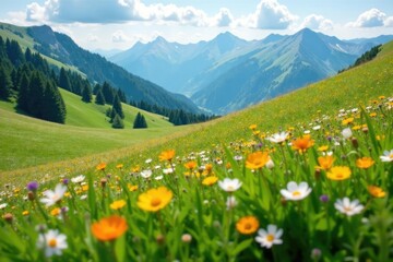Obraz premium rolling hills of alpine meadows with wildflowers swaying gently in the breeze, landscape, blooming, serene