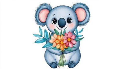 Cute Cartoon Koala Holding Colorful Flowers in a Cheerful Pose
