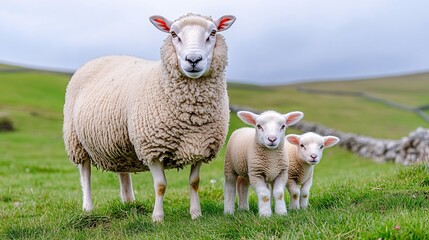 Obraz premium adorable sheep and lambs in lush green meadow