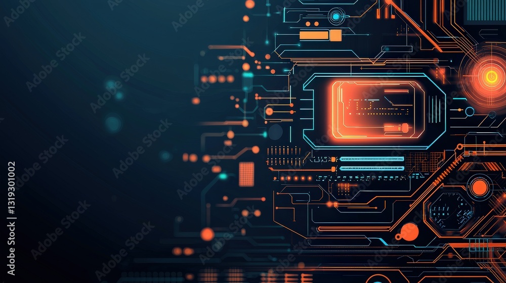 Poster a vibrant digital circuit board with glowing elements, showcasing an intricate design of technology 