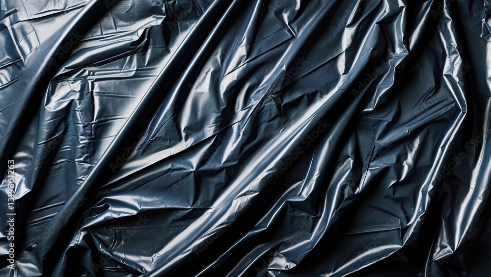 Poster textured dark blue crumpled plastic material with intricate folds and patterns creating depth