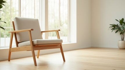 Minimalist wooden chair in a bright room with plants and natural light during the day