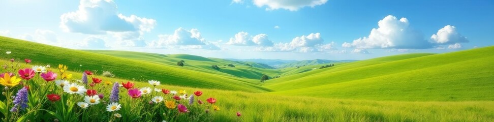 Fototapeta premium Rolling hills with white clouds against a blue sky and blooming wildflowers, spring, agriculture, nature