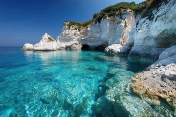 Clear ocean water near white cliffs. Turquoise sea and blue sky. Scenic view of rocky coast and calm water. Summer travel destination scene.