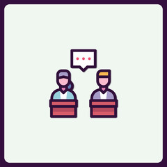 A colorful conference dialogue icon showcasing interactive speakers sharing ideas