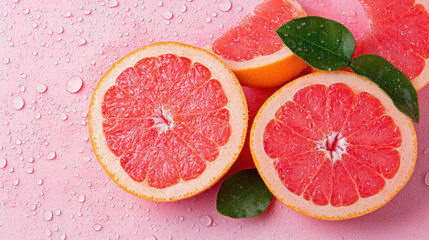 Menu of lycopene, Sliced pink grapefruit with juice droplets, high fidelity image.