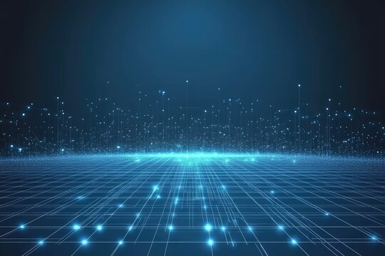 Futuristic digital network landscape.  A vast expanse of interconnected lines and glowing points, creating a sense of technology and connectivity