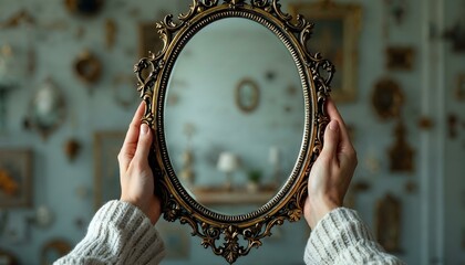 Ornate vintage mirror being held up by a person with no reflection