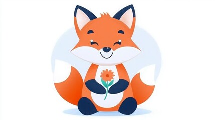 Obraz premium Cute Cartoon Fox Holding Flower with Cheerful Expression