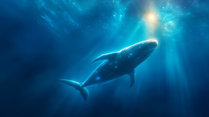 Naklejka premium A humpback whale glides effortlessly through the deep blue ocean waters, rays of sunlight filtering down and casting a serene glow