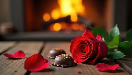 Roses and chocolates scattered on a wooden table by the fireplace, red rose, chocolate, burning wood