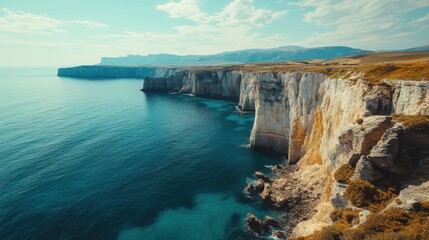 Obraz premium Coastal Cliffs View. Turquoise Ocean Water. Rocky Shoreline. Beautiful Landscape. Outdoor Scenery. Peaceful Coastline. Natural Beauty. Clear Sky. Travel Destination.