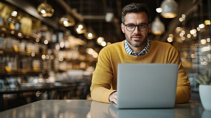Obraz premium A focused man in a cozy cafe works on his laptop, dressed in a bright sweater, amidst a warm and inviting atmosphere.