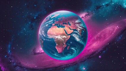 Fototapeta premium A vibrant depiction of Earth set against a cosmic backdrop, showcasing swirling galaxies in shades of pink and purple, creating a mesmerizing space