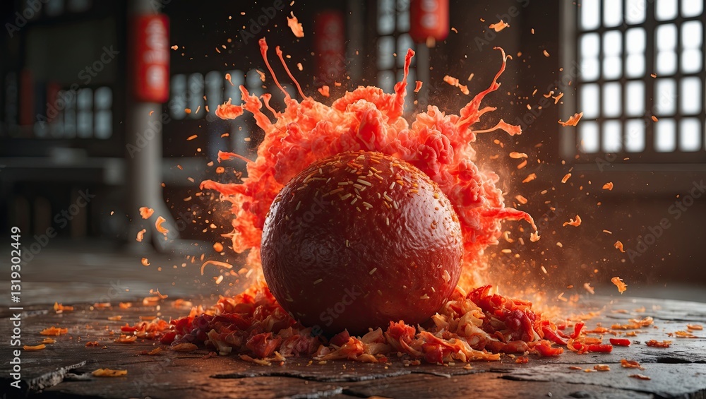 Aufkleber a vibrant red sphere erupting with splashes of orange and yellow, creating dynamic motion in an indu
