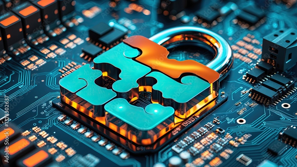 Poster abstract representation of cybersecurity with a digital padlock symbol on a circuit board, illustrat