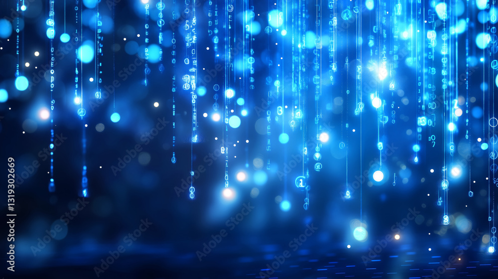 Poster vibrant blue light particles cascade down in a digital form, illuminating a dark backdrop. the glowi