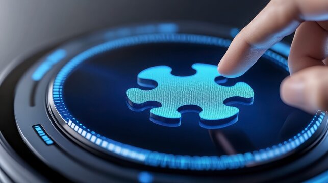Hand Touching Digital Puzzle Piece Interface on Dark Background