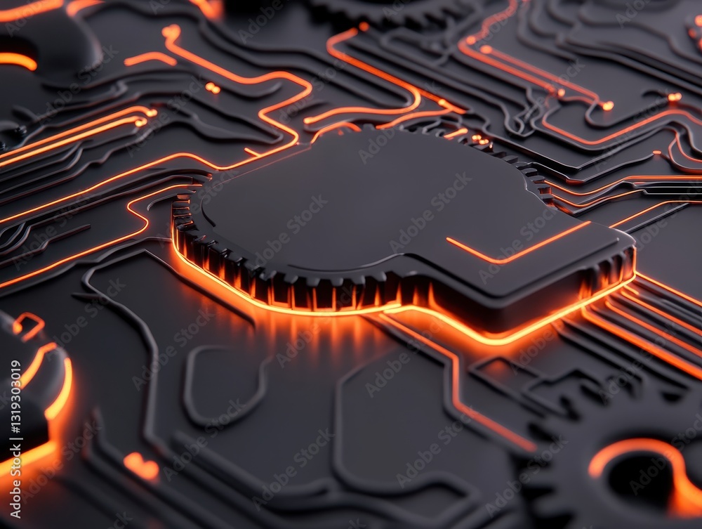Poster abstract close-up of a circuit board with glowing orange lines and gears