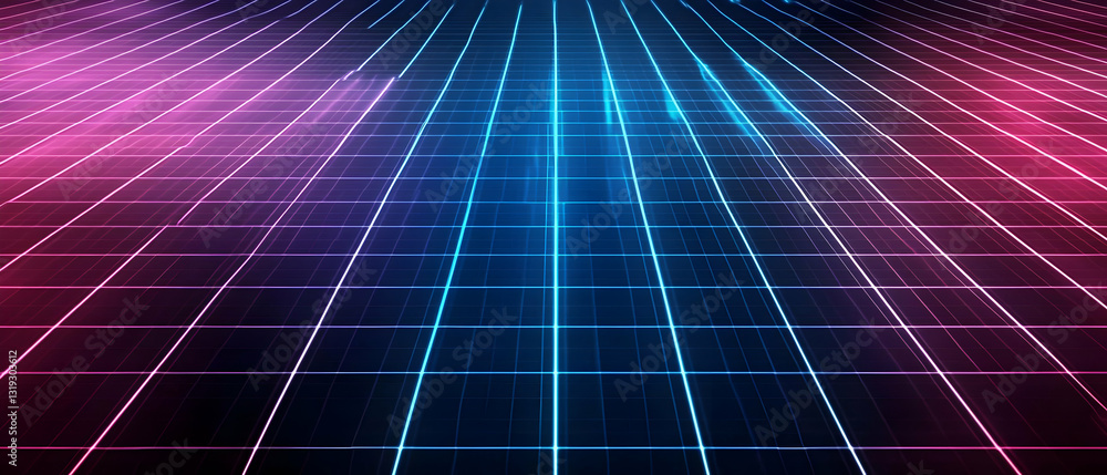 Poster abstract futuristic background with glowing neon grid lines and pink and blue gradient lighting on d