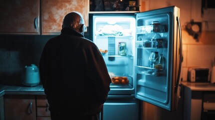 An elderly African American man stands with a cane in front of an open refrigerator. The near-empty shelves reflect his financial difficulties as he surveys what little remains in his kitchen