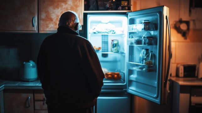An elderly African American man stands with a cane in front of an open refrigerator. The near-empty shelves reflect his financial difficulties as he surveys what little remains in his kitchen
