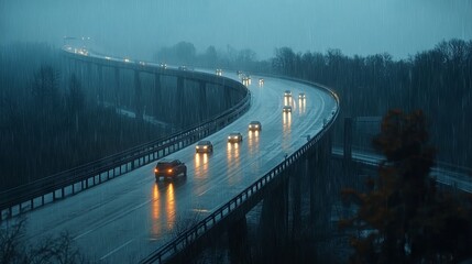 Obraz premium Rainy Evening Traffic on a Winding Road with Headlights Illuminating Path