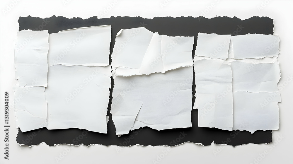 Poster Torn White Paper Fragments Arranged Against A Dark Gray Rectangular Backdrop Displaying Abstract Textural Details with Uneven Edges and Surface