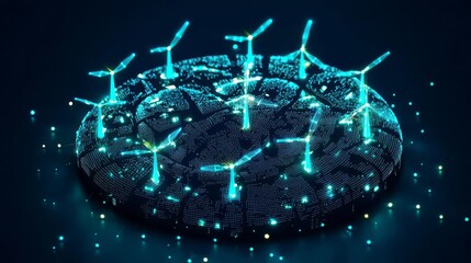 A futuristic landscape with glowing wind turbines illuminating a circular pattern on a dark background.