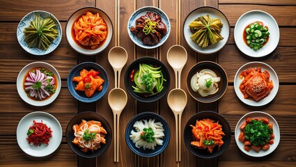 A visually appealing arrangement of various colorful side dishes in bowls on a wooden table, showcasing vibrant ingredients and garnishes for a