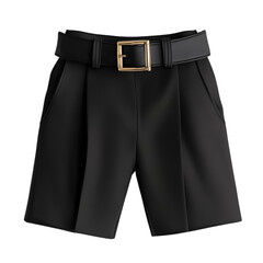A Pair of High Waisted Black Shorts with Wide Belt Isolated on Transparent Background
