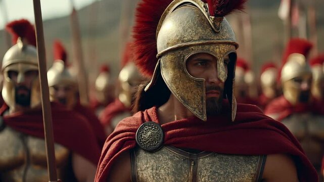 Army of Spartan Soldiers in Full Battle Gear, Standing Firm and Ready for War in Ancient Greece