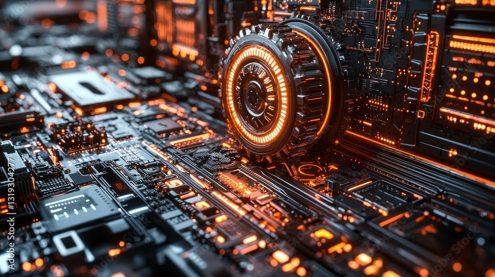 Poster illuminated future, a complex circuit board and gear technology display