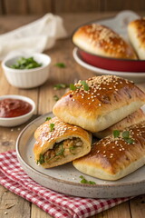 Homemade baked pies or patties stuffed with cabbage and meat