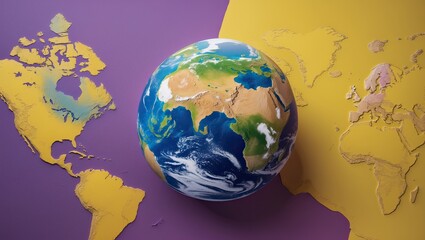 Naklejka premium Colorful globe showcasing continents with vibrant background colors representing geography and diversity