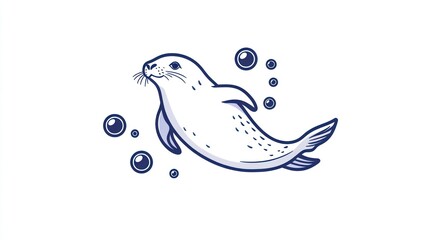 Obraz premium Cute cartoon seal swimming in bubbles, simple, vibrant