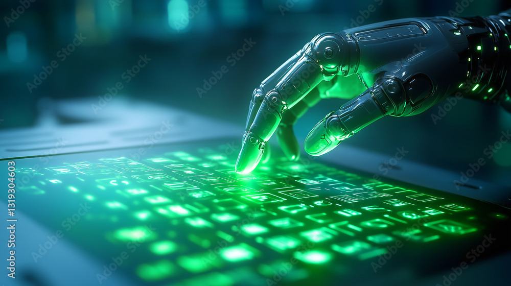 Poster a metallic robot hand approaches a vibrant green touchscreen interface filled with symbols and icons