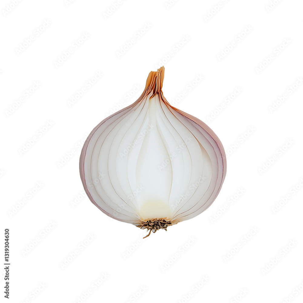 Poster sliced onion: a close-up of an onion half with concentric layers radiating from the center. its tran