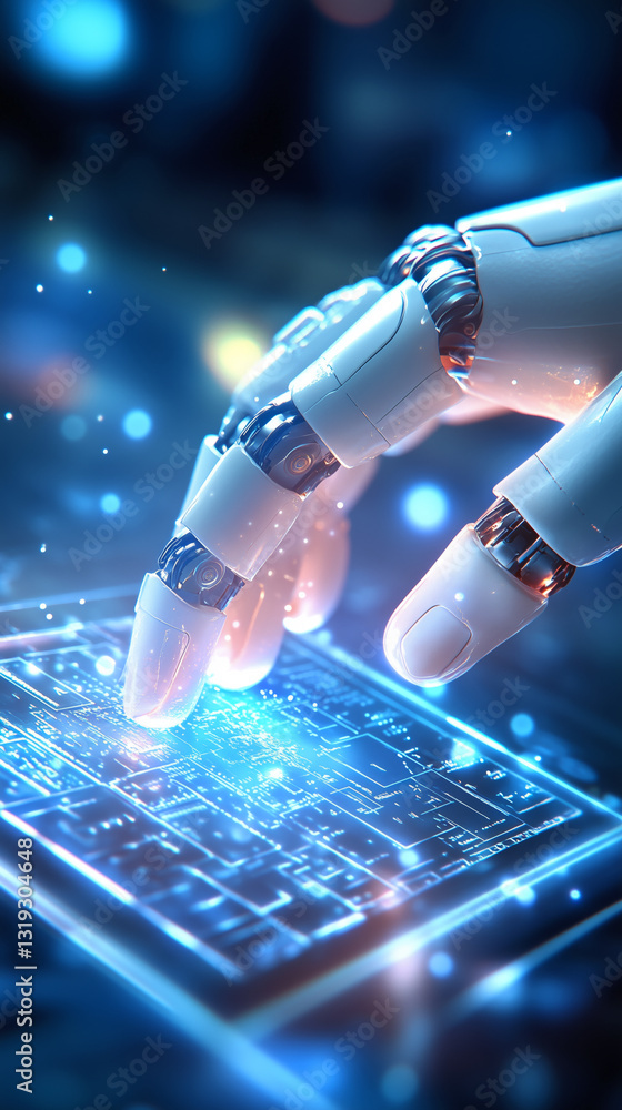 Poster a robotic hand touches a glowing digital circuit board, emitting blue sparks and light. the setting 