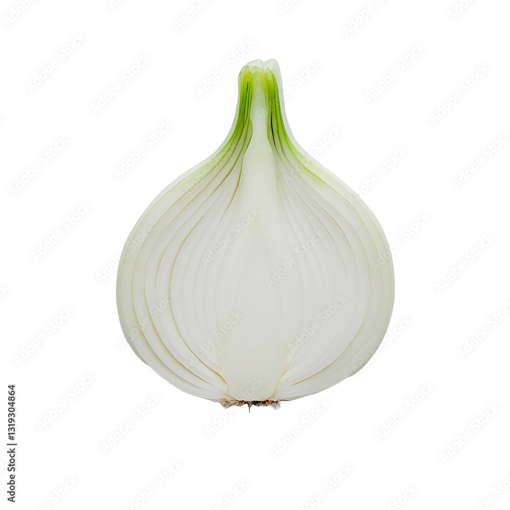 Poster halved white onion on a solid black background showing layered structure and stem. ideal for culinar