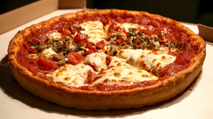 Delicious Freshly Baked Pizza With Melted Mozzarella Cheese Mushrooms and Tomatoes Inside Cardboard Box