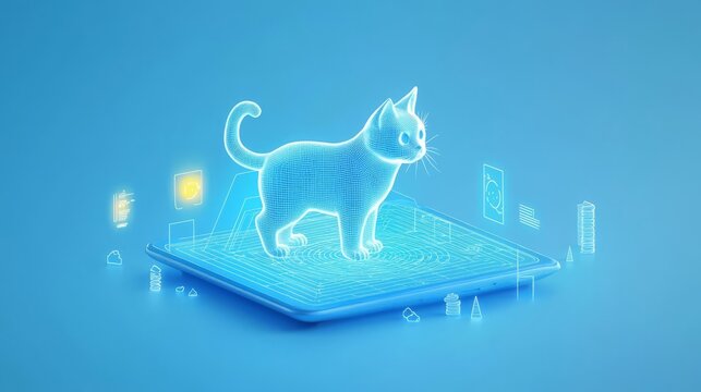 A digital hologram of a cat projected on a tablet, showcasing innovation in pet technology.