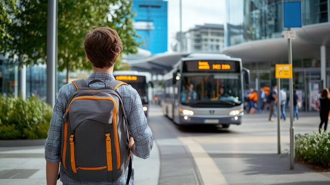 A traveler in a backpack stands at a modern bus station and waits for his bus. Urban travel themes and intercity bus travel.