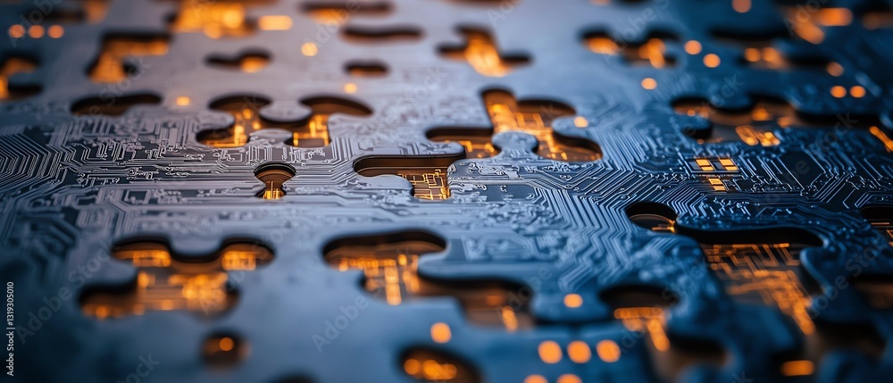 Poster Puzzle pieces featuring intricate digital circuit patterns, symbolizing the integration and sophisticated complexity of DevOps methodologies