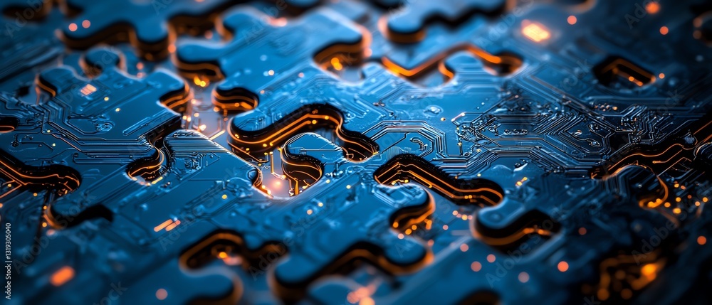 Poster Puzzle pieces featuring intricate digital circuit patterns, symbolizing the integration and sophisticated complexity of DevOps methodologies