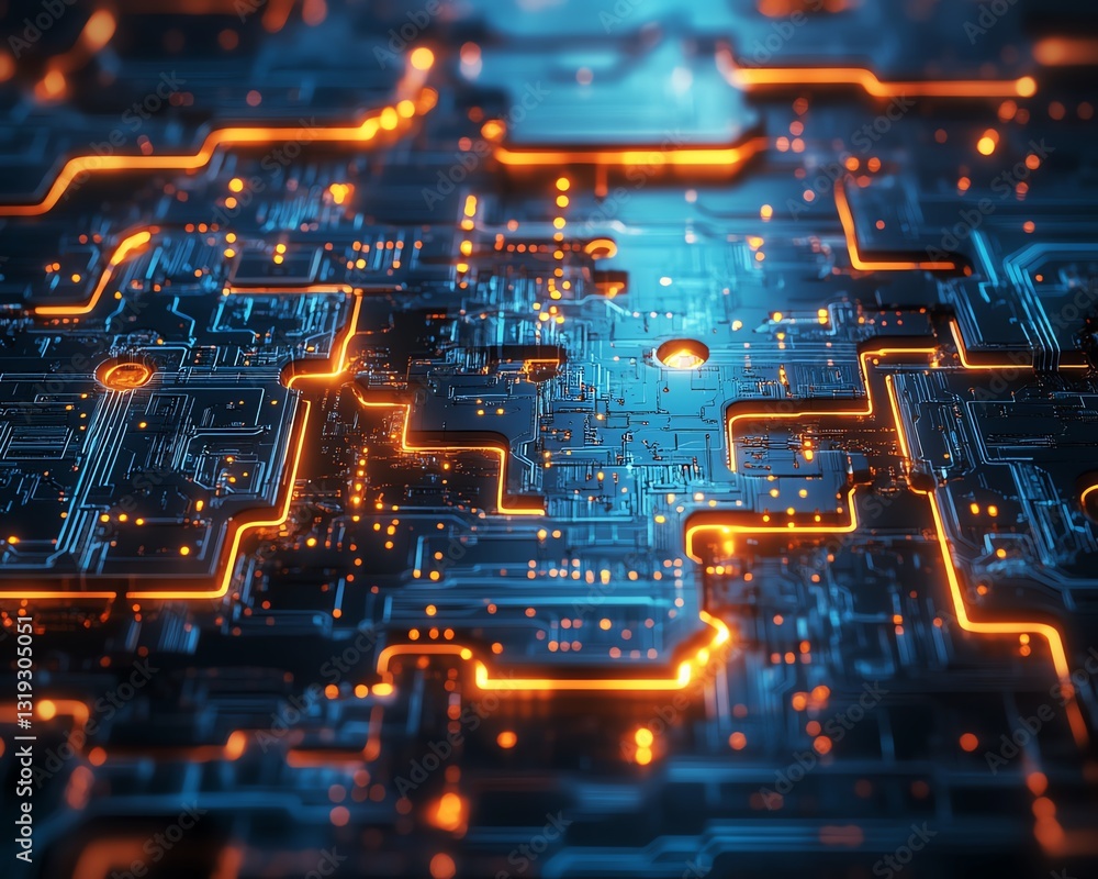 Poster Puzzle pieces with detailed digital circuits, representing the interconnected and complex systems of DevOps in a hightech environment