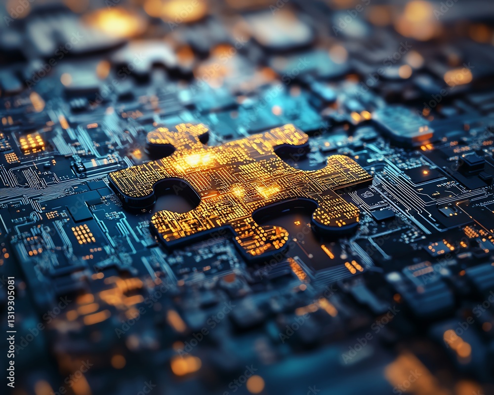 Aufkleber Puzzle pieces with detailed digital circuits, representing the interconnected and complex systems of DevOps in a hightech environment