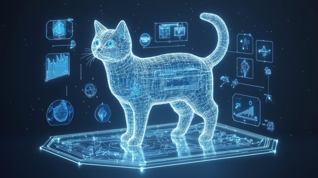A futuristic holographic cat model surrounded by digital data, symbolizing innovation in pet care technology.